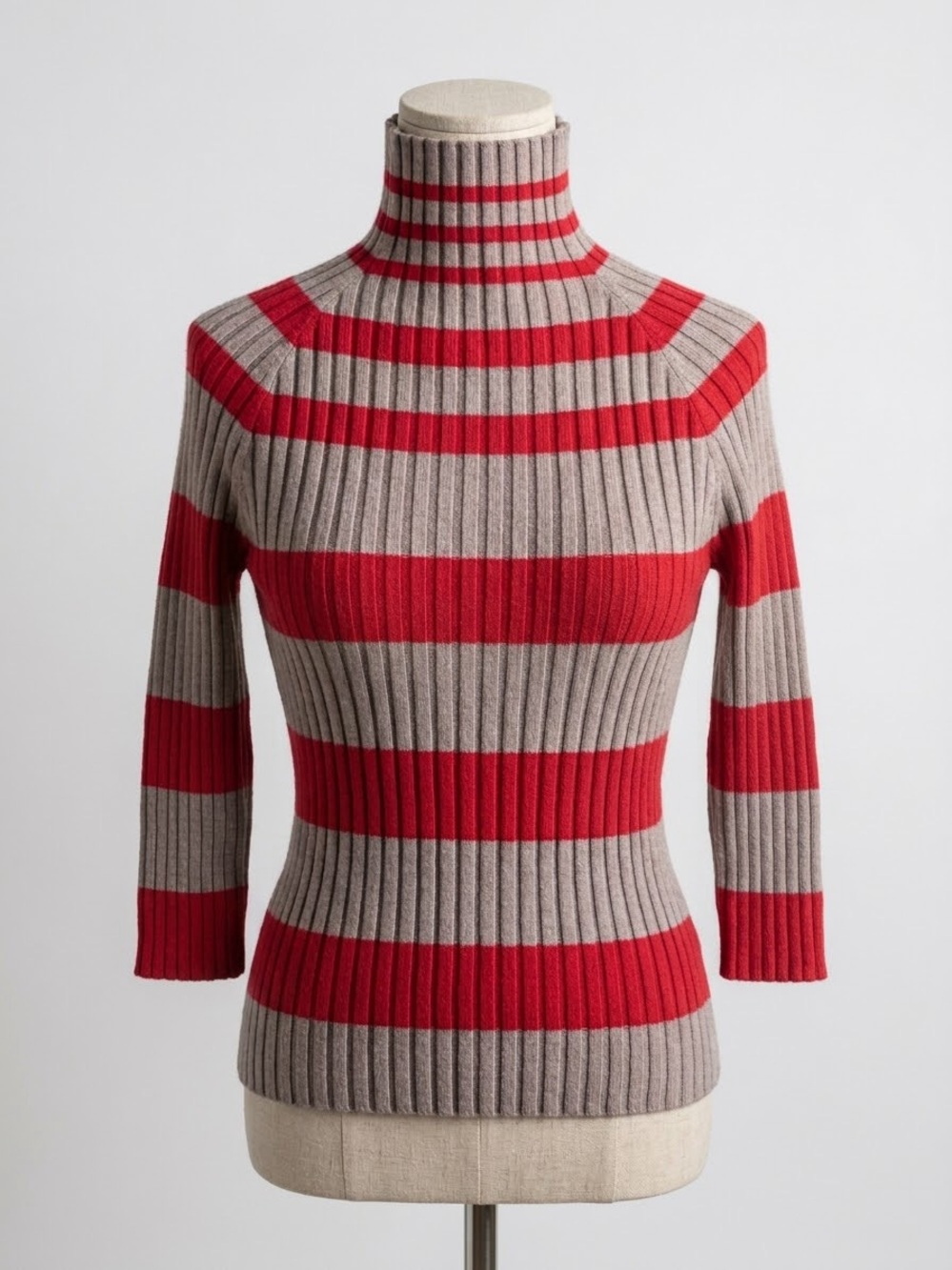 Worthington 3/4 Sleeve Striped Mock Neck Ribbed Knit Sweater Red Beige Small